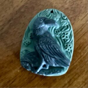 2” Crow Raven Black Green Carved Stone off Oval Pendant Cameo